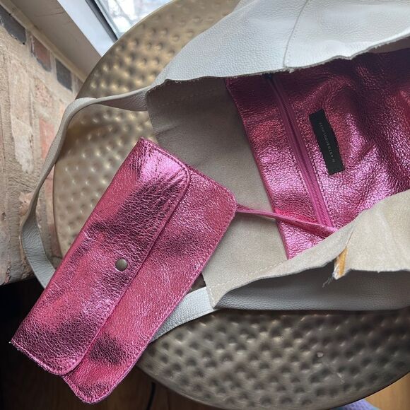 Anthropologie Leather Tote | Pink Glitter and White | Removable Glitter Pouch - Picture 3 of 5